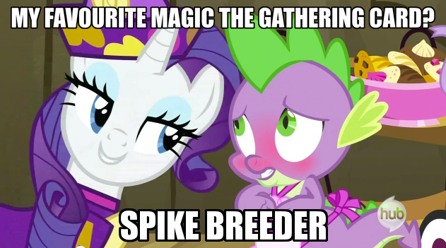 Size: 631x351 | Tagged: safe, derpibooru import, edit, edited screencap, screencap, rarity, spike, dragon, pony, unicorn, dragon quest, apron, blushing, caption, clothes, dress, exploitable meme, female, food, hub logo, image macro, magic the gathering, male, mare, meme, naked apron, rarity's bad pickup lines, shipping, sparity, straight, text, the hub