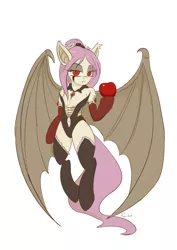 Size: 595x842 | Tagged: suggestive, artist:raikoh, derpibooru import, fluttershy, bat pony, semi-anthro, succubus, bats!, apple, bedroom eyes, belly button, castlevania, castlevania: symphony of the night, clothes, cosplay, crossover, fangs, female, floating, flutterbat, hoof hold, konami, looking at you, race swap, simple background, solo, solo female, spread wings, stockings, white background