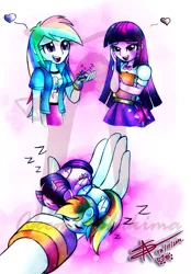 Size: 906x1300 | Tagged: safe, artist:shikimaakemi, derpibooru import, rainbow dash, twilight sparkle, equestria girls, :3, blob, blushing, chubbie, cute, eyes closed, female, heart, holding, human ponidox, humanized, lesbian, my little squishy, open mouth, pony coloring, shipping, sleeping, smiling, twidash, weapons-grade cute, zzz