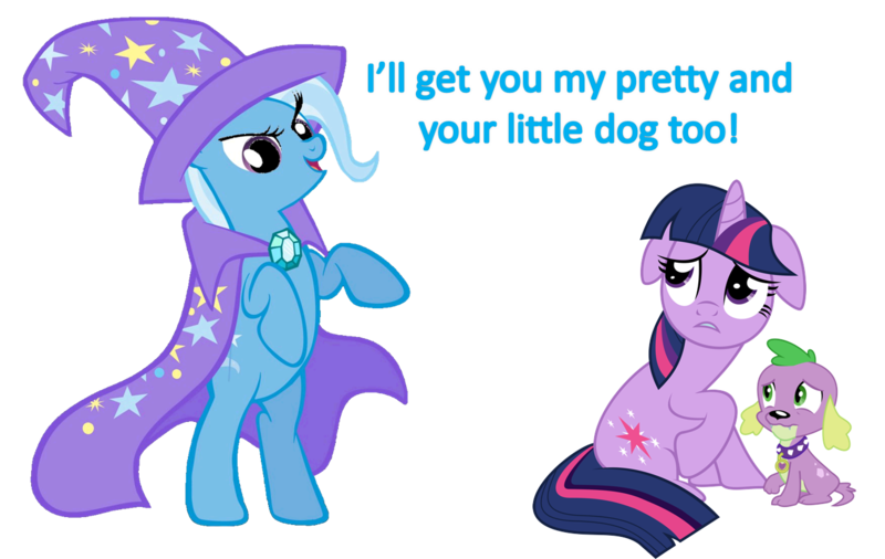 Size: 1394x881 | Tagged: safe, artist:bronybyexception, derpibooru import, spike, trixie, twilight sparkle, dog, pony, unicorn, equestria girls, bipedal, cape, clothes, fangs, floppy ears, frown, glare, hat, open mouth, raised hoof, rearing, simple background, sitting, smiling, spike the dog, the wizard of oz, trixie's cape, trixie's hat, unicorn twilight, vector