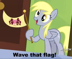 Size: 1306x1069 | Tagged: safe, derpibooru import, edit, edited screencap, screencap, derpy hooves, pegasus, pony, rainbow falls, caption, female, flag, flag waving, hoof hold, mare, meme, ponyville flag, solo, the grey one's glorious return