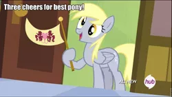 Size: 960x540 | Tagged: safe, derpibooru import, edit, edited screencap, screencap, derpy hooves, pegasus, pony, rainbow falls, female, flag, hoof hold, hub logo, image macro, mare, ponyville flag, solo, the grey one's glorious return