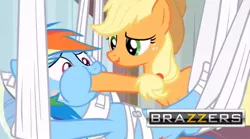 Size: 844x468 | Tagged: applejack, brazzers, derpibooru import, edit, edited screencap, exploitable meme, force feeding, hoof in mouth, hoofjack, meme, rainbow dash, rainbow falls, screencap, suggestive