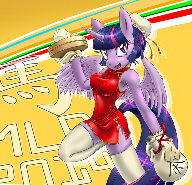 Size: 1116x1072 | Tagged: anthro, armpits, artist:kandlin, baozi, breasts, cheongsam, clothes, derpibooru import, dumplings, erect nipples, female, nipples, solo, solo female, stockings, suggestive, twilight sparkle, twilight sparkle (alicorn), year of the horse