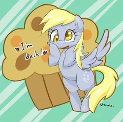 Size: 2725x2709 | Tagged: safe, artist:yutoraru, derpibooru import, derpy hooves, pegasus, pony, rainbow falls, cute, derpabetes, female, food, heart, mare, muffin, open mouth, pixiv, solo, the grey one's glorious return