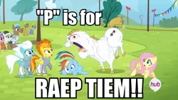 Size: 960x540 | Tagged: bulk biceps, caption, derpibooru import, edit, edited screencap, fleetfoot, fluttershy, image macro, implied rape, p is for, raep tiem, rainbow dash, rainbow falls, screencap, semi-grimdark, spitfire, suggestive