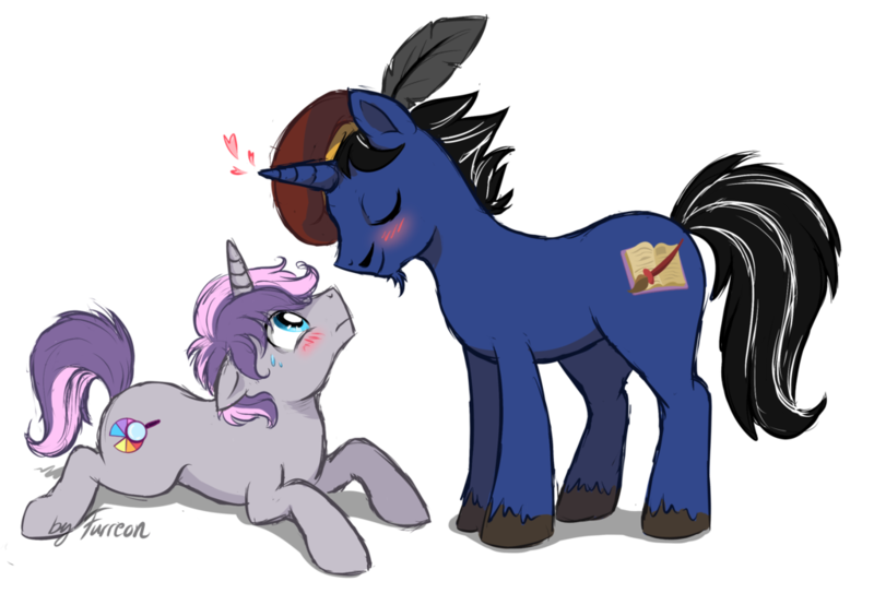 Size: 1024x695 | Tagged: artist:furreon, blushing, bronycurious, derpibooru import, eyes closed, gay, hat, heart, male, oc, oc:digibrony, safe, shipping, simple background, tudor cap, unofficial characters only