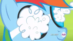 Size: 1440x810 | Tagged: safe, derpibooru import, screencap, rainbow dash, rainbow falls, goggles, soap, solo