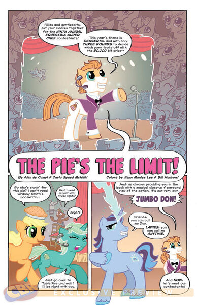 Size: 896x1384 | Tagged: safe, artist:carla speed mcneil, derpibooru import, idw, applejack, jumbo don, unnamed pony, earth pony, pony, unicorn, spoiler:comic, spoiler:comicff01, background pony, competition, female, ham, ham pony, idw advertisement, male, mare, meat, preview, stallion, television, tv show