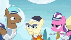 Size: 576x324 | Tagged: safe, derpibooru import, abradacanter, fleetfoot, haymaker, rainbow dash, spitfire, unnamed pony, pegasus, pony, rainbow falls, animated, aviator goggles, background pony, female, goggles, hub logo, hubble, male, mare, stallion, the hub, wing hands, wing-ups