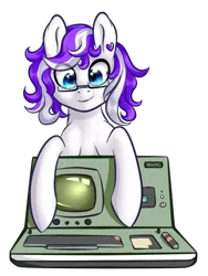 Size: 510x680 | Tagged: artist:woodentoaster, computer, derpibooru import, glasses, looking at you, oc, purple mane, safe, smiling, solo, unofficial characters only, wang