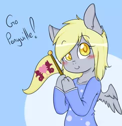 Size: 837x862 | Tagged: anthro, artist:chibimlp-lover, blushing, clothes, cute, derpibooru import, derpy hooves, flag, looking at you, pajamas, ponyville flag, rainbow falls, safe, smiling, solo, :t, the grey one's glorious return