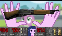 Size: 1240x734 | Tagged: semi-grimdark, derpibooru import, spike, twilight sparkle, equestria girls, bedroom eyes, doom, gun, hand, meme, shotgun, weapon