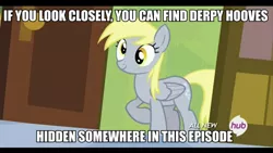 Size: 500x281 | Tagged: safe, derpibooru import, edit, edited screencap, screencap, derpy hooves, pegasus, pony, rainbow falls, female, hub logo, image macro, mare, solo, text edit, the grey one's glorious return