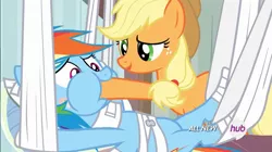 Size: 1280x717 | Tagged: applejack, bandage, derpibooru import, feederjack, force feeding, hoof in mouth, hoofjack, on back, open mouth, out of context, puffy cheeks, rainbow dash, rainbow falls, raised eyebrow, safe, screencap, smiling, wide eyes