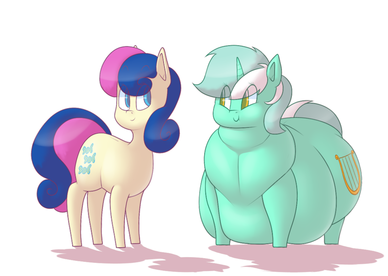 Size: 1174x836 | Tagged: safe, artist:secretgoombaman12345, derpibooru import, bon bon, lyra heartstrings, sweetie drops, earth pony, pony, unicorn, belly, big belly, chubby cheeks, fat, feeder bon bon, female, lard-ra heartstrings, large butt, lesbian, looking at each other, lyra feedee, lyrabon, morbidly obese, obese, shipping, simple background, smiling, transparent background, weight gain