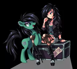 Size: 1338x1200 | Tagged: safe, artist:semehammer, derpibooru import, oc, oc:sappho, unofficial characters only, earth pony, human, pony, bracelet, clothes, earring, eyebrow piercing, eyeshadow, female, fishnets, human ponidox, humanized, jacket, light skin, mare, piercing, ring