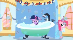 Size: 1054x592 | Tagged: bath, bathtub, bubble, bubble bath, claw foot bathtub, derpibooru import, feeling pinkie keen, grumpy twilight, pinkie pie, safe, screencap, soap, twilight sparkle