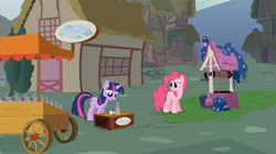 Size: 1054x592 | Tagged: safe, derpibooru import, screencap, pinkie pie, twilight sparkle, earth pony, pony, unicorn, feeling pinkie keen, duo, house, literal soapbox, soap, soapbox, unicorn twilight, wagon, well