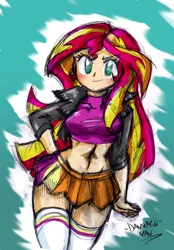 Size: 920x1320 | Tagged: artist:danmakuman, belly button, breasts, busty sunset shimmer, clothes, female, human, humanized, jacket, leather jacket, midriff, miniskirt, safe, skirt, socks, solo, sunset shimmer, thigh highs, top