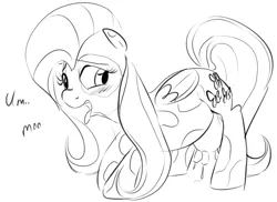 Size: 659x479 | Tagged: safe, artist:dotkwa, derpibooru import, fluttershy, cow, cow pony, pegasus, blushing, cowified, female, fluttercow, fluttermilk, grayscale, lactation, leaking, milk, monochrome, solo, species swap, tongue out, udder, uddershy