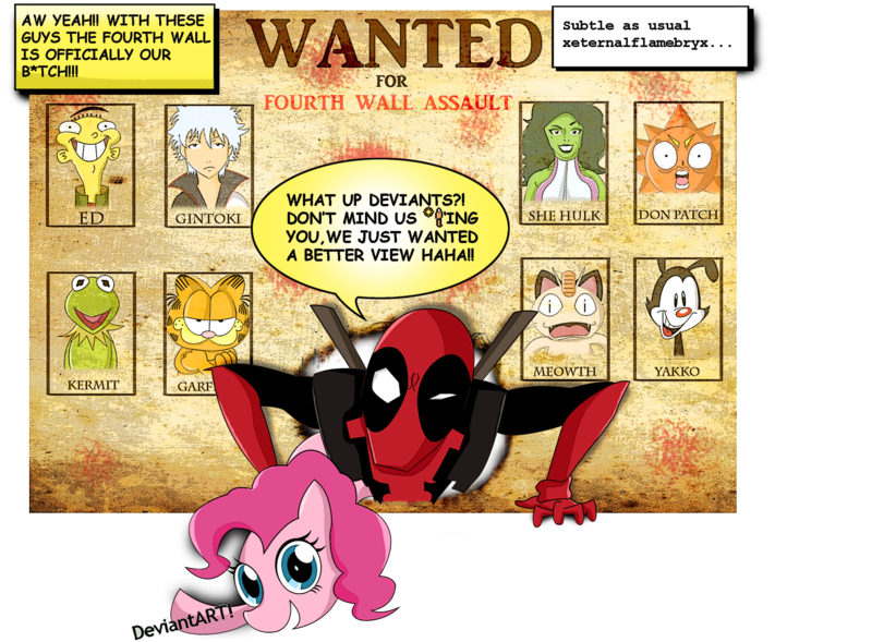 Size: 2440x1797 | Tagged: animaniacs, artist:xeternalflamebryx, bobobo-bo bo-bobo, breaking the fourth wall, crossover, deadpool, derpibooru import, deviantart, don patch, ed, ed edd n eddy, garfield, gintama, kermit the frog, mass crossover, meowth, pinkie pie, pokémon, safe, sakata gintoki, she hulk, the muppets, yakko warner