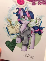 Size: 1024x1365 | Tagged: artist:katiecandraw, book, clothes, coffee, derpibooru import, glasses, hoodie, magic, safe, solo, traditional art, twilight sparkle