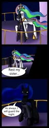 Size: 750x1950 | Tagged: safe, artist:the-oddcouple, derpibooru import, princess celestia, princess luna, batman, batmare, comic, dc comics, image, night, parody, png, stars, telescope