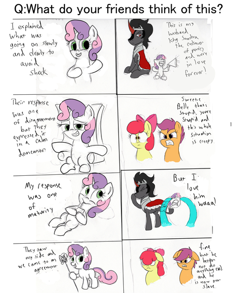 Size: 2800x3500 | Tagged: safe, artist:frikdikulous, derpibooru import, apple bloom, king sombra, scootaloo, sweetie belle, earth pony, pegasus, pony, umbrum, unicorn, ask, bevor, cane, chestplate, colored, colored horn, comic, crown, crying, curved horn, cute, cutie mark crusaders, dark magic, dialogue, female, filly, foal, helmet, horn, image, jewelry, jpeg, juice, juice box, king sideburns, magic, male, megaphone, queen sweetie belle, questionable shipping, regalia, scepter, sketch, sombra eyes, sombra horn, sombra's robe, sombrabelle, stallion, sweetiepter, text, throne, tiara, tumblr, tumblr:ask king sombra and queen sweetie belle