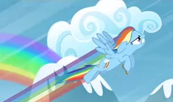 Size: 1080x640 | Tagged: aerial relay, cloud, derpibooru import, determined, fast, flying, gritted teeth, hub logo, mountain, rainbow, rainbow dash, rainbow falls, safe, screencap, solo, speed