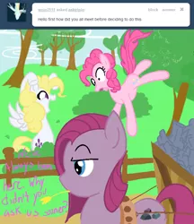 Size: 664x768 | Tagged: artist:lowhitney, ask tripie, bush, derpibooru import, fence, g1, g1 to g4, generation leap, pinkamena diane pie, pinkie pie, safe, surprise, tree, tumblr