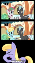 Size: 700x1244 | Tagged: safe, derpibooru import, edit, edited screencap, screencap, blossomforth, cloud kicker, helia, thunderlane, pegasus, pony, rainbow falls, all new, background pony, exploitable, facehoof, female, hub logo, i am disappoint, male, mare, reaction image, stallion, text, vector