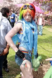 Size: 618x927 | Tagged: safe, artist:avalon-cosplay, derpibooru import, rainbow dash, tank, human, clothes, convention, cosplay, fingerless gloves, gloves, goggles, irl, irl human, photo, plushie, shorts, solo