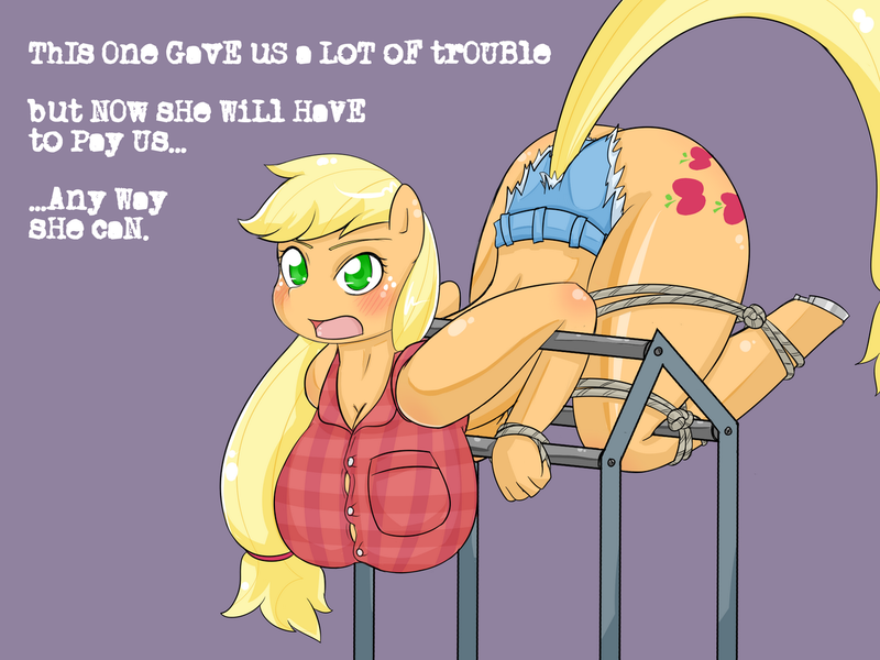 Size: 1280x960 | Tagged: ambiguous facial structure, anthro, applebucking thighs, applejack, artist:basketgardevoir, big breasts, blackmail, blushing, bondage, bondage furniture, breasts, busty applejack, clothes, daisy dukes, female, imminent rape, knee tied, presenting, questionable, rape, semi-grimdark, solo, solo female, suspended, unguligrade anthro
