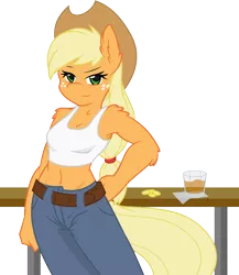 Size: 3574x4123 | Tagged: anthro, applejack, artist:ambris, artist:gray-gold, bar, belly button, belt, bits, clothes, derpibooru import, drink, fluffy, jeans, midriff, safe, simple background, solo, tanktop, transparent background, vector