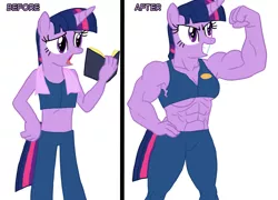 Size: 1280x922 | Tagged: anthro, artist:advanceddefense, artist:furrymusclegrowthfan, before and after, breasts, buff breasts, clothes, delicious flat chest, derpibooru import, female, muscles, overdeveloped muscles, ripped, ripped shirt, solo, suggestive, torn clothes, twilight muscle, twilight sparkle, underboob