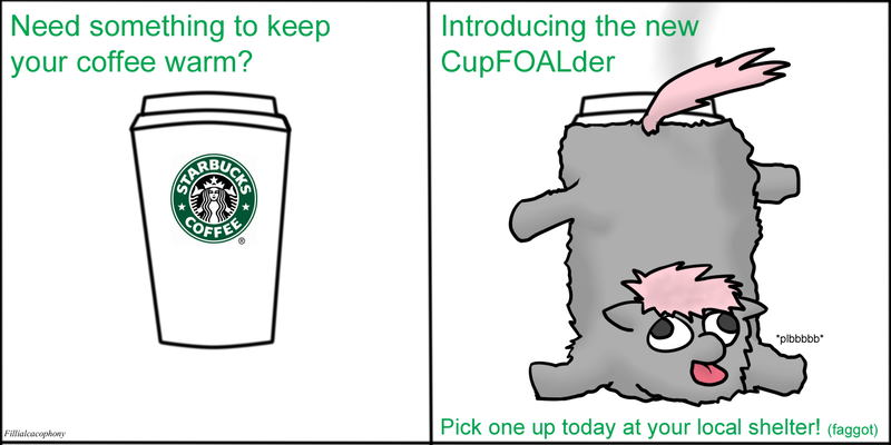 Size: 1440x720 | Tagged: artist:fillialcacophony, coffee, comic, derpibooru import, fluffy pony, fluffy pony foal, fluffy pony grimdark, grimdark, pun, solo, starbucks