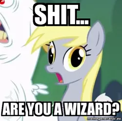 Size: 400x399 | Tagged: safe, artist:kroz, derpibooru import, derpy hooves, pegasus, pony, rainbow falls, season 4, are you a wizard, caption, female, mare, meme, vulgar