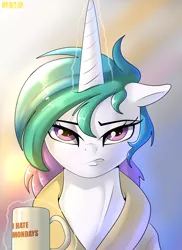 Size: 2400x3300 | Tagged: safe, artist:skyline19, derpibooru import, princess celestia, alicorn, pony, bed mane, female, grumpy, i hate mondays, magic, mare, monday, morning ponies, mug, solo