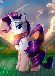 Size: 2400x3300 | Tagged: safe, artist:skyline19, derpibooru import, rarity, unicorn, cloud, cloudy, covering, curly hair, cutie mark, dock, eyebrows, eyelashes, eyeshadow, grass, horn, looking back, makeup, plot, purple hair, sky, smiling, solo, sunset, tail covering, tree