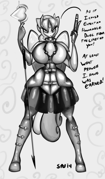 Size: 2893x4910 | Tagged: anthro, armor, armor skirt, artist:saliantsunbreeze, big breasts, breasts, busty princess cadance, clothes, commission, corset, derpibooru import, female, gun, halberd, huge breasts, impossibly large breasts, monochrome, pistol, princess cadance, skirt, solo, suggestive, trigger discipline, weapon