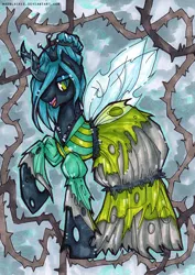 Size: 636x900 | Tagged: artist:madblackie, clothes, derpibooru import, dress, queen chrysalis, safe, solo, traditional art