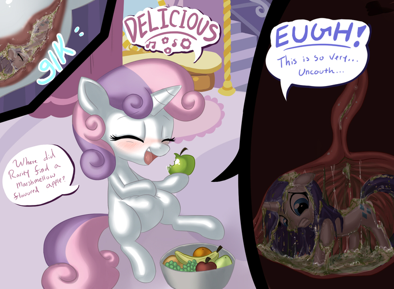 Size: 1463x1076 | Tagged: apple, artist:cottoncandy, derpibooru import, esophagus, fetish, fruit, inside stomach, internal, macro, micro, mucous, mucus, questionable, rariprey, rarity, rarity is a marshmallow, sibling vore, slimy, squishy belly, stomach, stomach walls, sweetie belle, sweetiepred, vore, x-ray