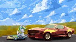 Size: 5252x2934 | Tagged: artist:owlvortex, blushing, car, derpibooru import, ford, mustang, oc, oc:wheely bopper, original species, safe, shelby gt500 mustang, solo, unofficial characters only, wheelpone