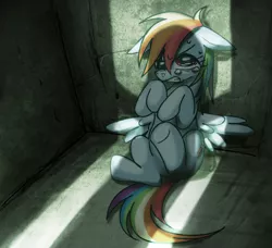 Size: 659x600 | Tagged: semi-grimdark, artist:nmnkgskds, derpibooru import, rainbow dash, pegasus, pony, captured, crying, cutie mark, female, pixiv, scared, solo, wings