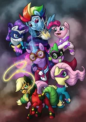 Size: 2100x2970 | Tagged: safe, artist:0riane0, derpibooru import, applejack, fili-second, fluttershy, humdrum, masked matter-horn, mistress marevelous, pinkie pie, radiance, rainbow dash, rarity, saddle rager, spike, twilight sparkle, twilight sparkle (alicorn), zapp, alicorn, pony, power ponies (episode), female, mane seven, mane six, mare, power ponies