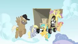 Size: 1054x592 | Tagged: safe, derpibooru import, screencap, crafty crate, derpy hooves, dizzy twister, merry may, orange swirl, parasol, sunshower raindrops, pegasus, pony, feeling pinkie keen, female, mare, skywagon