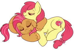 Size: 673x455 | Tagged: apple bloom, appleseed, artist:lulubell, babs seed, cuddling, derpibooru import, female, incest, lesbian, safe, shipping, simple background, snuggling, transparent background