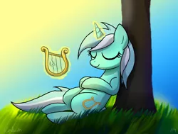 Size: 1626x1227 | Tagged: safe, artist:dawnmistpony, derpibooru import, lyra heartstrings, pony, unicorn, leaning back, lyre, sleeping, solo, tree