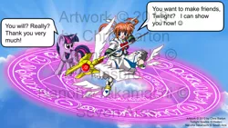 Size: 1024x576 | Tagged: artist:thedesertkitsune, crossover, derpibooru import, human, impending doom, magical girl lyrical nanoha, magic circle, safe, takamachi nanoha, twilight sparkle, watermark